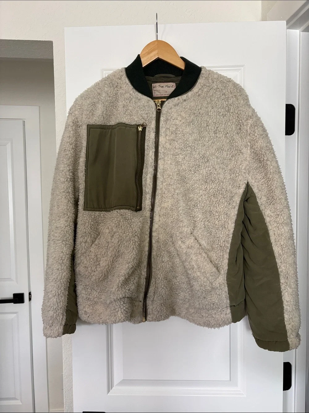 Free People Cream Sherpa Bomber Jacket with Olive Accents